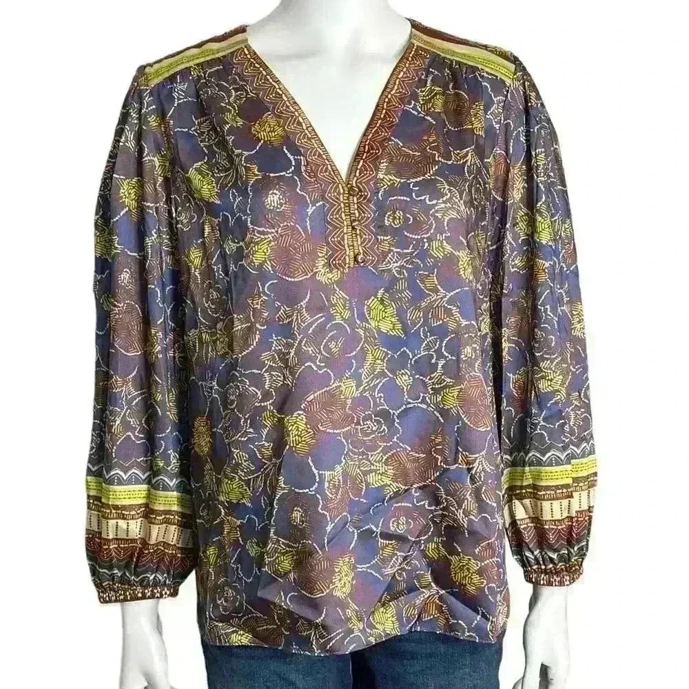 Current Air Los Angeles Floral Bordr Print Blouse Size Large - Picture 10 of 13